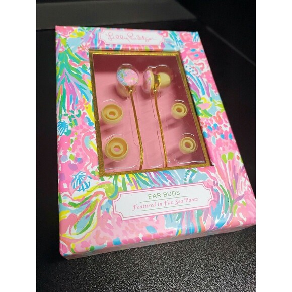LILLY PULITZER Earbuds “Fan Sea Pants” volume control multicolor | NIB 48” cord - Picture 2 of 3